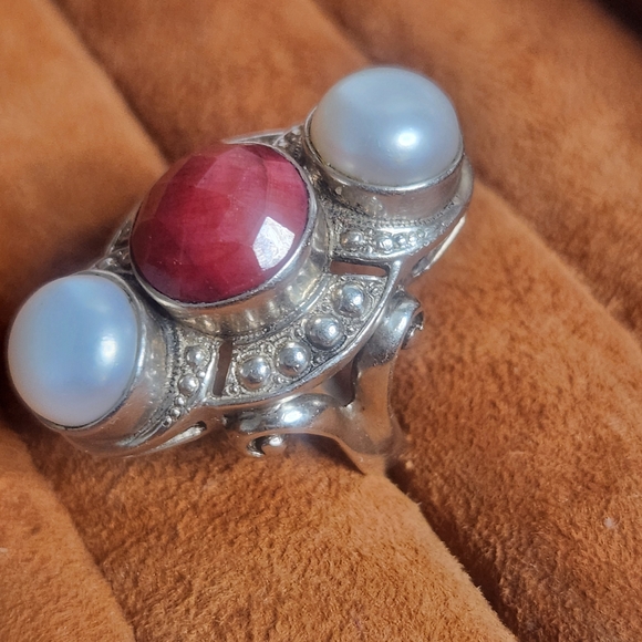 .925 Sterling Silver Checker Ruby Cut Pearl Ring Sz7 - Picture 1 of 7